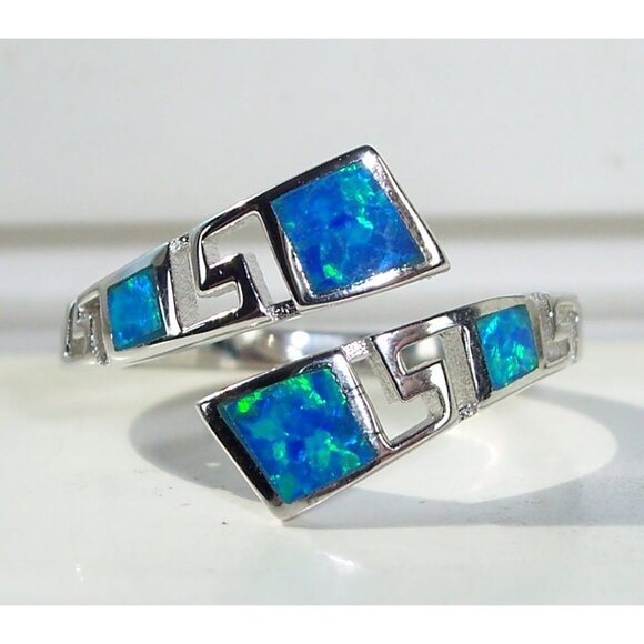 925 STERLING SILVER Lab Created Blue Fire Opal Bypass Ring - Picture 1 of 15